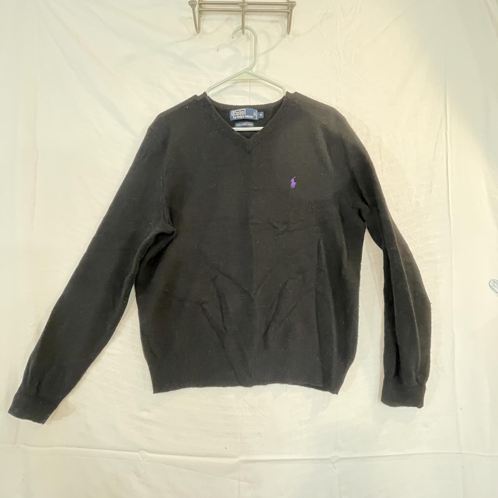 Polo Ralph Lauren Sweater Mens Medium Black Lambswool V Neck Knit Pullover Pony‎